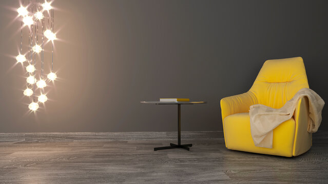 3d illustration of grey iving room with yellow armchair. Cozy room with lamp, yellow armchair and coffee table.