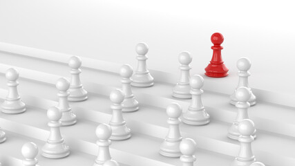 Leadership concept, red pawn of chess, standing out from the crowd of whites. 3D Rendering