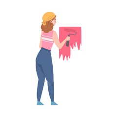 Female Coloring Wall with Paint Roller Vector Illustration