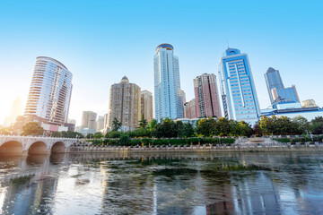 Modern tall buildings and bridge, Guiyang city landscape, China.