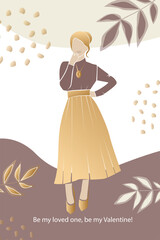 Vector valentine's day trendy card, story or poster, abstract  female shapes and silhouette in gold colour. Contemporary art. Postcard with inscriptions - Be my Valentine
