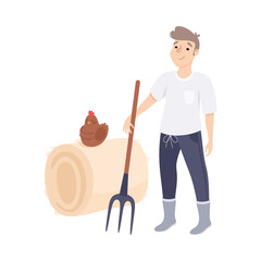 Young Man Farmer or Agricultural Worker with Fork and Haystack Vector Illustration