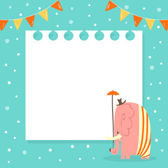 Funny Elephant Banner Template with Space for Text, Cover, Poster, Invitation Card, Flyer Design Template with Cute Animal under Umbrella Character Vector Illustration