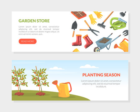 Garden Store, Planting Season Landing Page Templates. Gardening, Farming and Agriculture Concept Vector Illustration