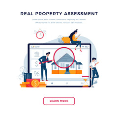 Real property assessment banner. House owners await an appraisal results while appraiser is doing real estate inspection. Time of appraisal process, concept for web design. Flat vector illustration