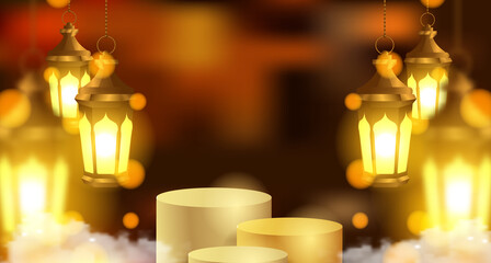 3d cylinder podium product display with 3d shiny golden arabian lantern and bokeh background