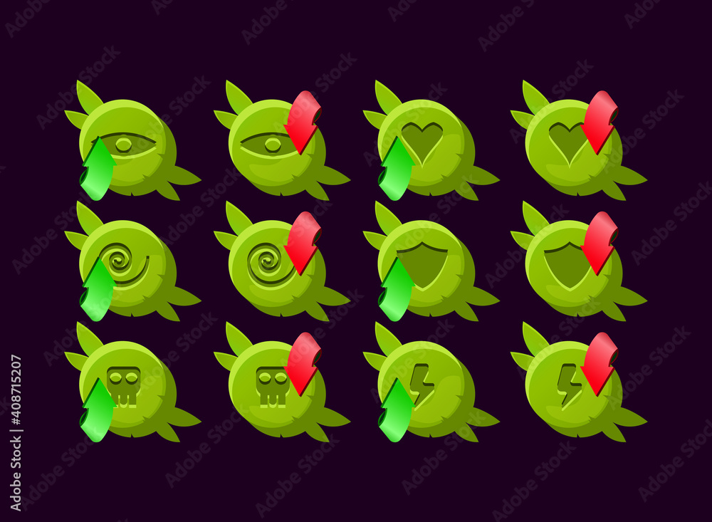 Aufkleber set of game ui rounded wooden nature leaves magic power up icon for gui asset elements vector illust