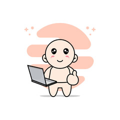 Cute baby character holding laptop.