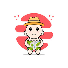 Cute baby character holding map.