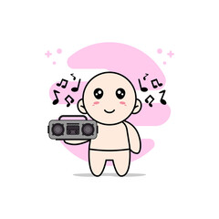 Cute baby character holding radio.