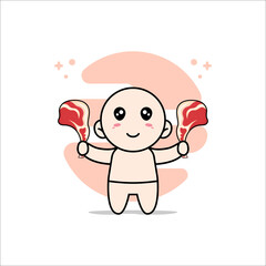 Cute baby character holding a meat.