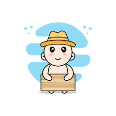 Cute baby character holding a wooden board.