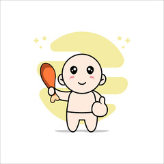 Cute baby character holding a chicken meat.