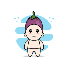 Cute baby character wearing eggplant costume.