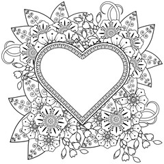 Hand drawn heart with mehndi flower. decoration in ethnic oriental, doodle ornament. outline hand draw illustration.  
