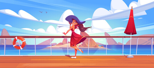 Woman on cruise liner deck or quay on seascape view, girl in summer dress and hat relax on ship or sailboat in ocean. Summertime vacation journey on passenger vessel, Cartoon vector illustration