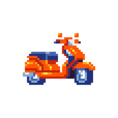 Scooter icon. Pixel art. Motorcycle rental service logotype. Orange moped. 8-bit sprite. Sticker design. Isolated vector illustration.