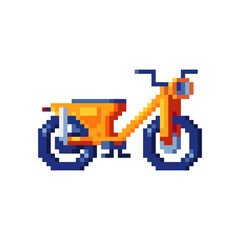 Obraz premium Scooter icon. Pixel art. Motorcycle rental service logotype. Orange moped. 8-bit sprite. Sticker design. Isolated vector illustration.