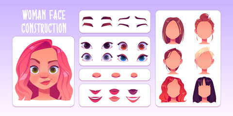 Woman face constructor, avatar of caucasian female character creation heads, hairstyle, nose, eyes with eyebrows and lips. Facial construction elements isolated on white background, cartoon vector set