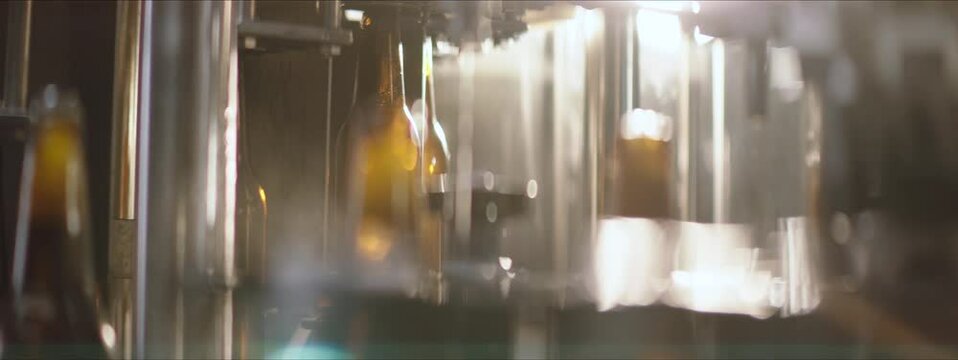 Video of glass bottles filled with beer moving on a modern machine in a factory. Factory, brewery concept.