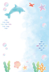 暑中見舞い　イルカと海のモチーフのはがきテンプレート
