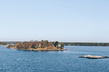 Fototapeta na wymiar Spring Baltic sea landscape near Stockholm seacost. Local tourism concept, spring nature, selective focus