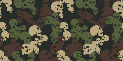 Camo seamless pattern with skulls. Camouflage in green colors. Military vector background for your design. Stock vector background.