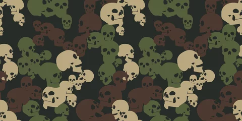 Wall murals Military pattern Camo seamless pattern with skulls. Camouflage in green colors. Military vector background for your design. Stock vector background.