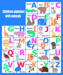 English alphabet with cute animals vector illustrations set. Alphabet cards for kids. Educational preschool learning ABC card. Cute vector zoo alphabet