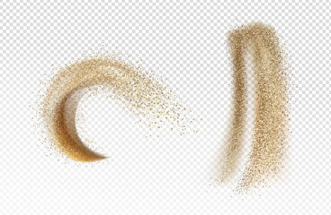 Explosion and pour of gold sand, falling dust with glitter particles isolated on transparent background. Vector realistic set of yellow sand powder splashes and clouds. Motion effect of shimmer flows - obrazy, fototapety, plakaty