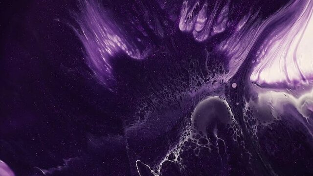 Fluid art drawing video, abstract acryl texture with colorful waves. Liquid paint mixing backdrop with splash and swirl. Detailed background motion with purple, lavender and white overflowing colors