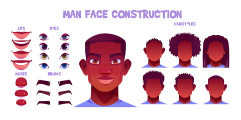 Black man face construction, avatar creation with different head parts isolated on white background. Vector cartoon set of male character eyes, noses, brows and lips. Skin pack for face generator