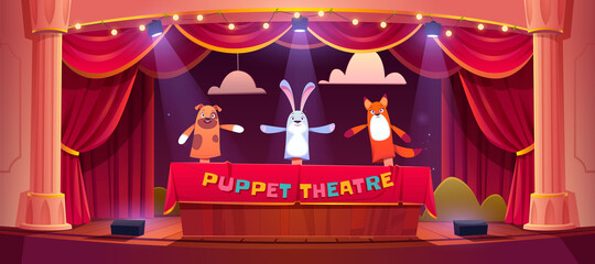 Puppet show on theater stage with red curtains and spotlights. Vector cartoon illustration of theatre for kids with marionettes. Wooden scene with animal toys on hands