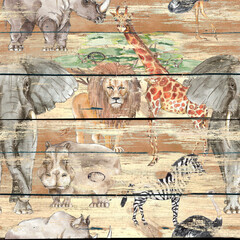 Safari Animal print decorative vintage style seamless pattern on wooden background