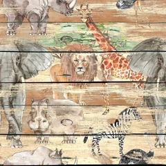 Papier peint Animaux afrique Modèle sans couture de style vintage décoratif imprimé animal Safari sur fond de bois