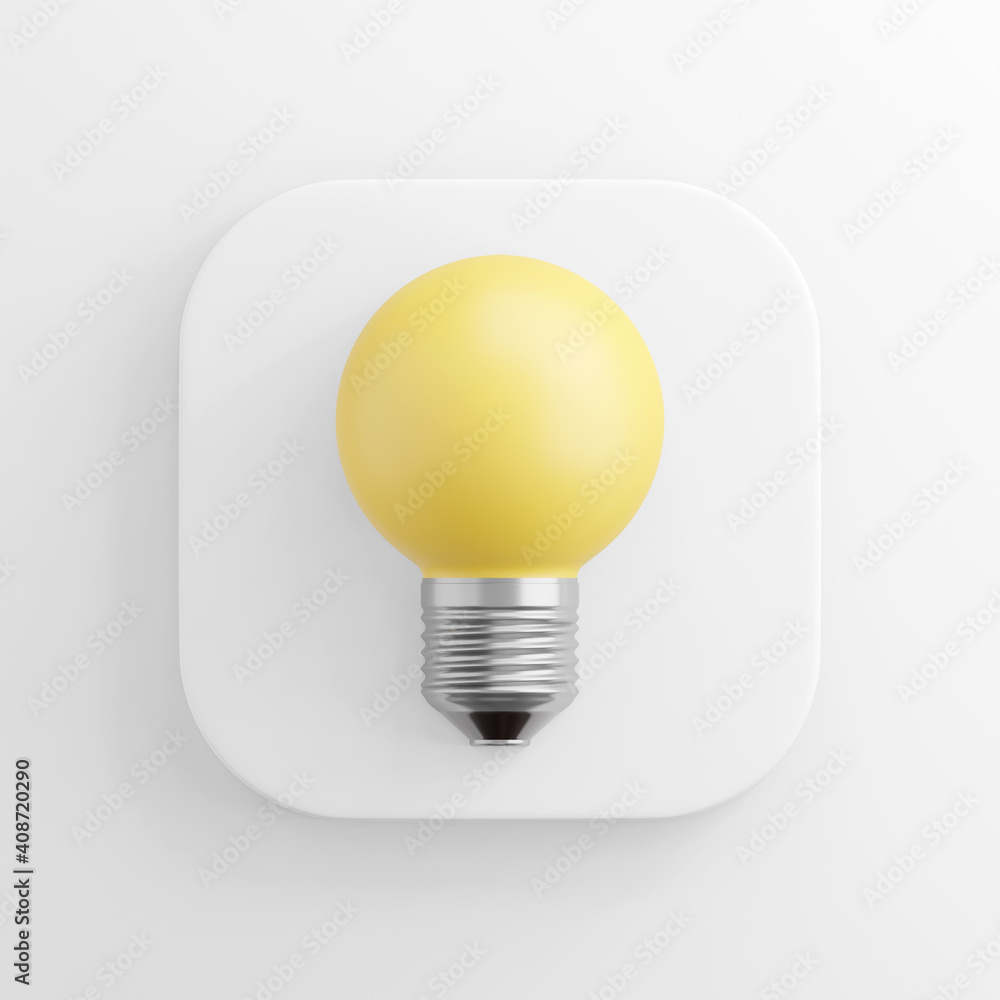 Poster the icon is a realistic yellow round light bulb, white square button. 3d rendering.