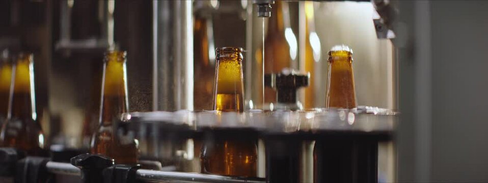 Full glass bottles of beer moving on a conveyor belt in a factory. Brewing process in a factory. Factory, brewery concept.