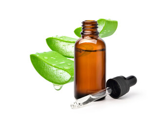 Aloe vera essential oil with sliced isolated on white background.