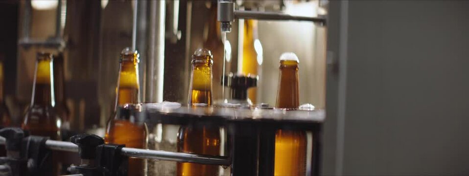 Close-up video of beer manufacturing in a brewery. Full glass beer bottles moving along the conveyor belt. Brewery, factory concept.