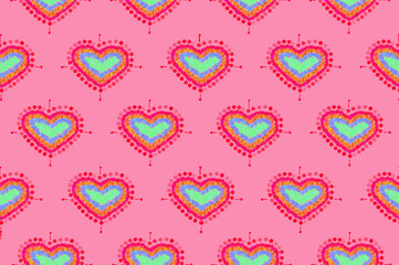 pattern of freehand sketch shape heart, colorful red green blue yeloow orange color design elements isolated on pink background, symbol love Valentine Day, textile Fabric
