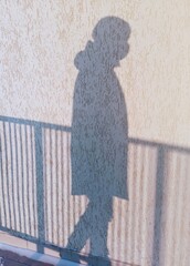 The shadow of a masked man who stands behind a fence. 
