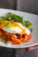 quinoa with fish and egg for breakfast
