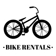 Bicycle rental icon, logo. Vector illustration with bike and text in black and white. Suitable for social media, mobile apps, marketing materials.