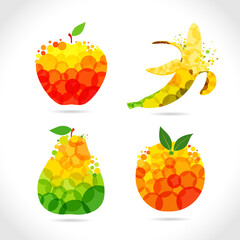 Set of fruits. Logotype concept. Сoloured fruit logo, t shirt idea with bubbles on white background. Isolated abstract graphic design template. Organic meal, t-shirt bright element, transparent effect