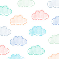 Hand Drawn Pastel Clouds Pattern With Watercolor.