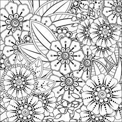Outline square floral pattern in mehndi style for henna, mehndi, tattoo, decoration. decorative ornament in ethnic oriental style. doodle ornament. outline hand draw illustration. coloring book page.