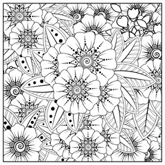 Outline square floral pattern in mehndi style for henna, mehndi, tattoo, decoration. decorative ornament in ethnic oriental style. doodle ornament. outline hand draw illustration. coloring book page.