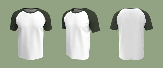 men's short-sleeve raglan t-shirt mockup in front, side and back views, design presentation for print, 3d illustration, 3d rendering