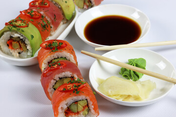 Japanese food sushi and rolls, healthy lifestyle concept