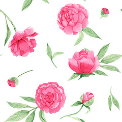 Watercolor seamless pattern with pink peonies and green leaves, on a white background, hand-drawn. For textile, greeting card, wrapping paper, wedding invitations.